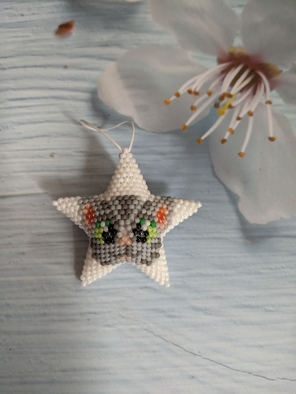 Beaded White Star Cat Ornament with Green Eye Accents